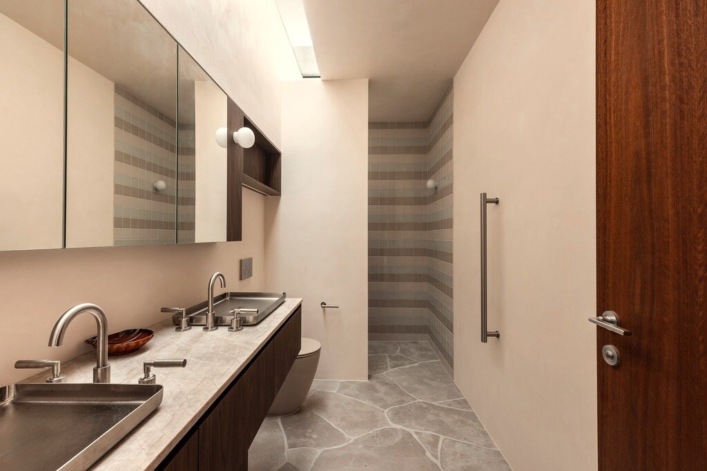 Bathroom, striped tile and skylight