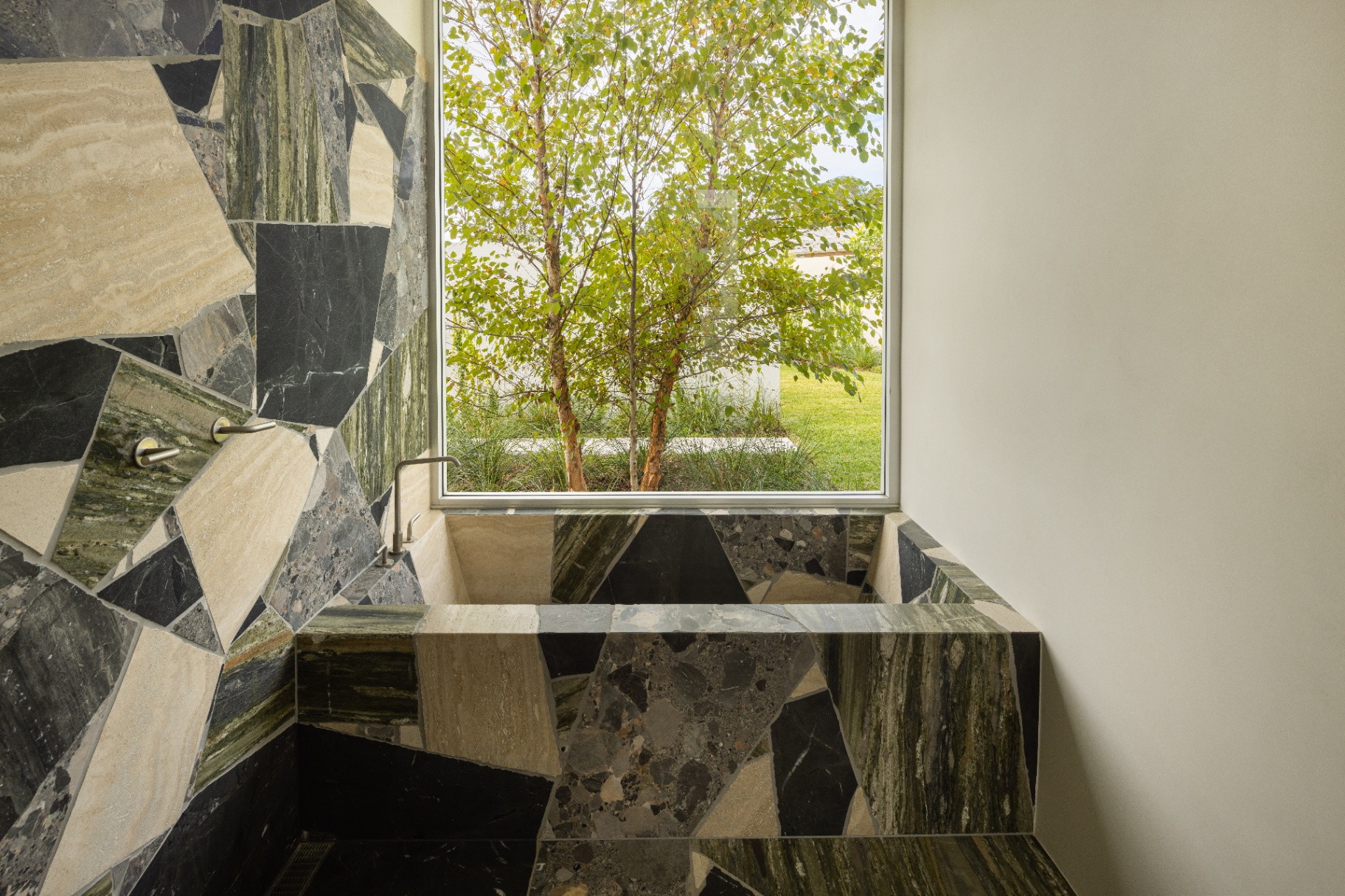 Bath and shower — broken-stone terrazzo