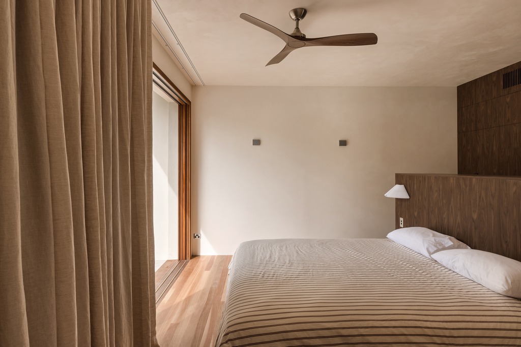 Bedroom, linen curtains and ceiling fan