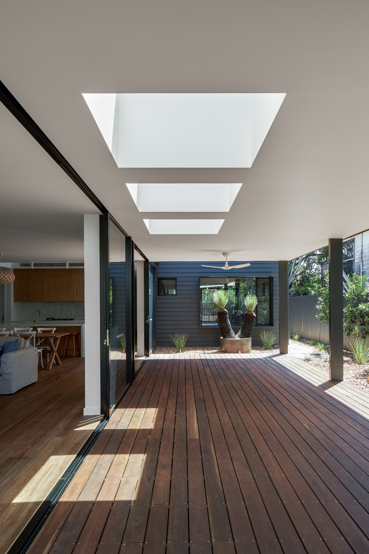 Covered breezeway with skylights