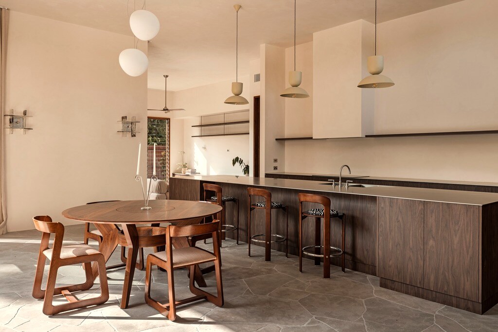 Dining and kitchen, pendants and walnut