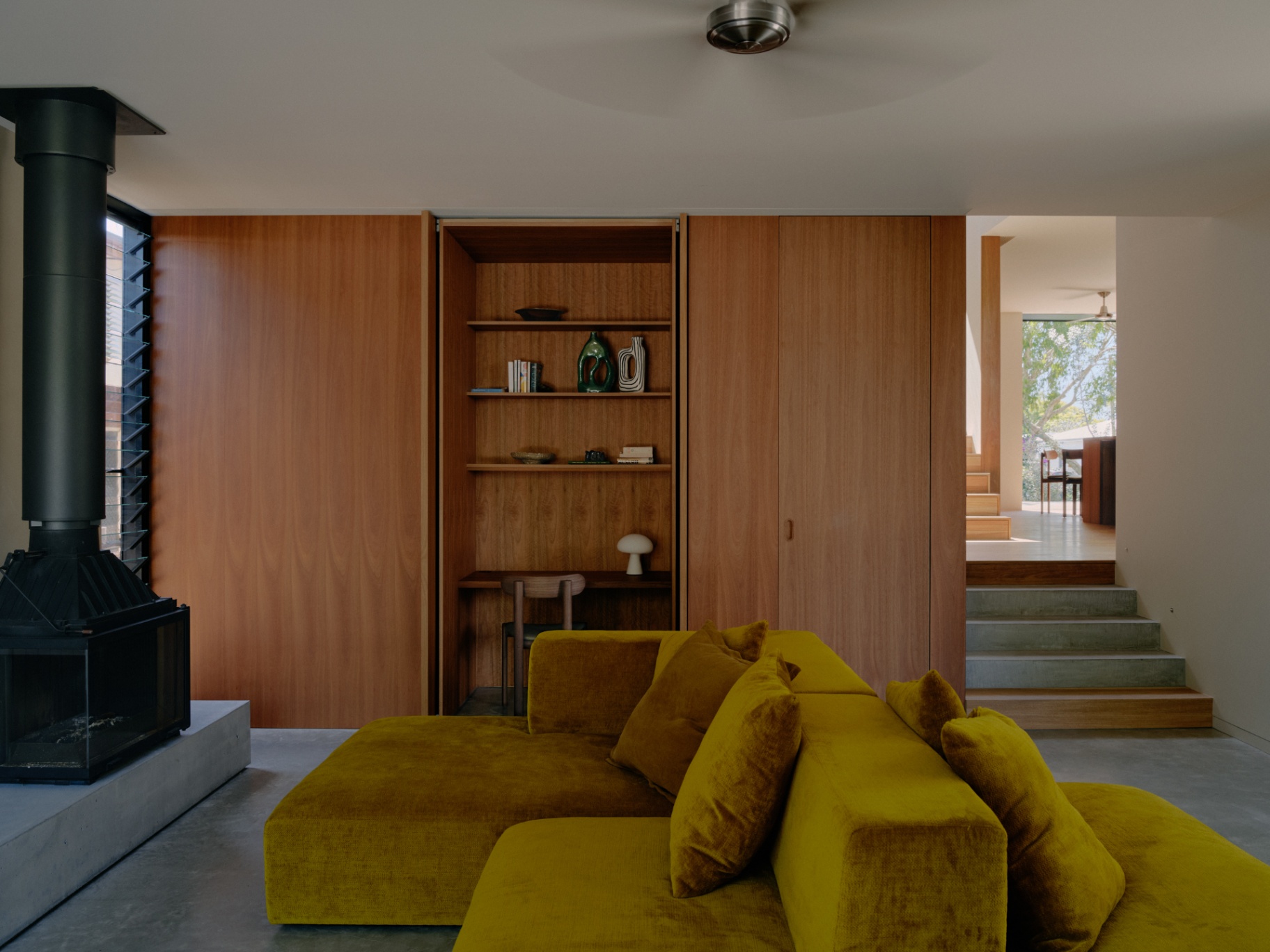 Living room, fireplace and joinery