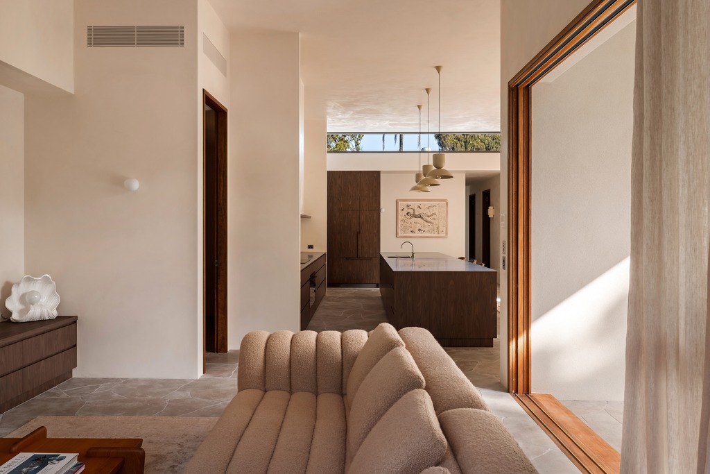 Living, framed view to the kitchen island