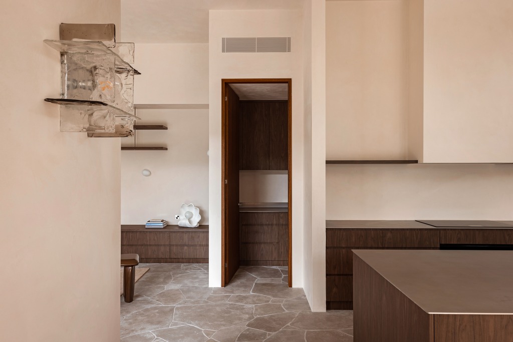 Pantry doorway, glass shelf and stool